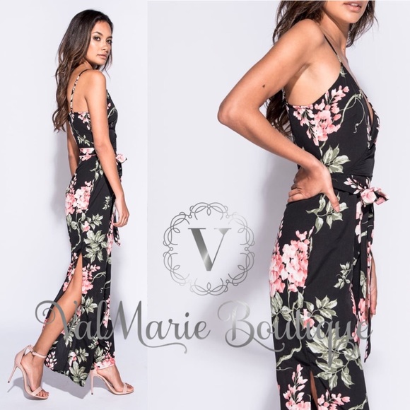 🌸LAST 1 SZ 2- Black Floral slit Jumpsuit - Picture 3 of 6
